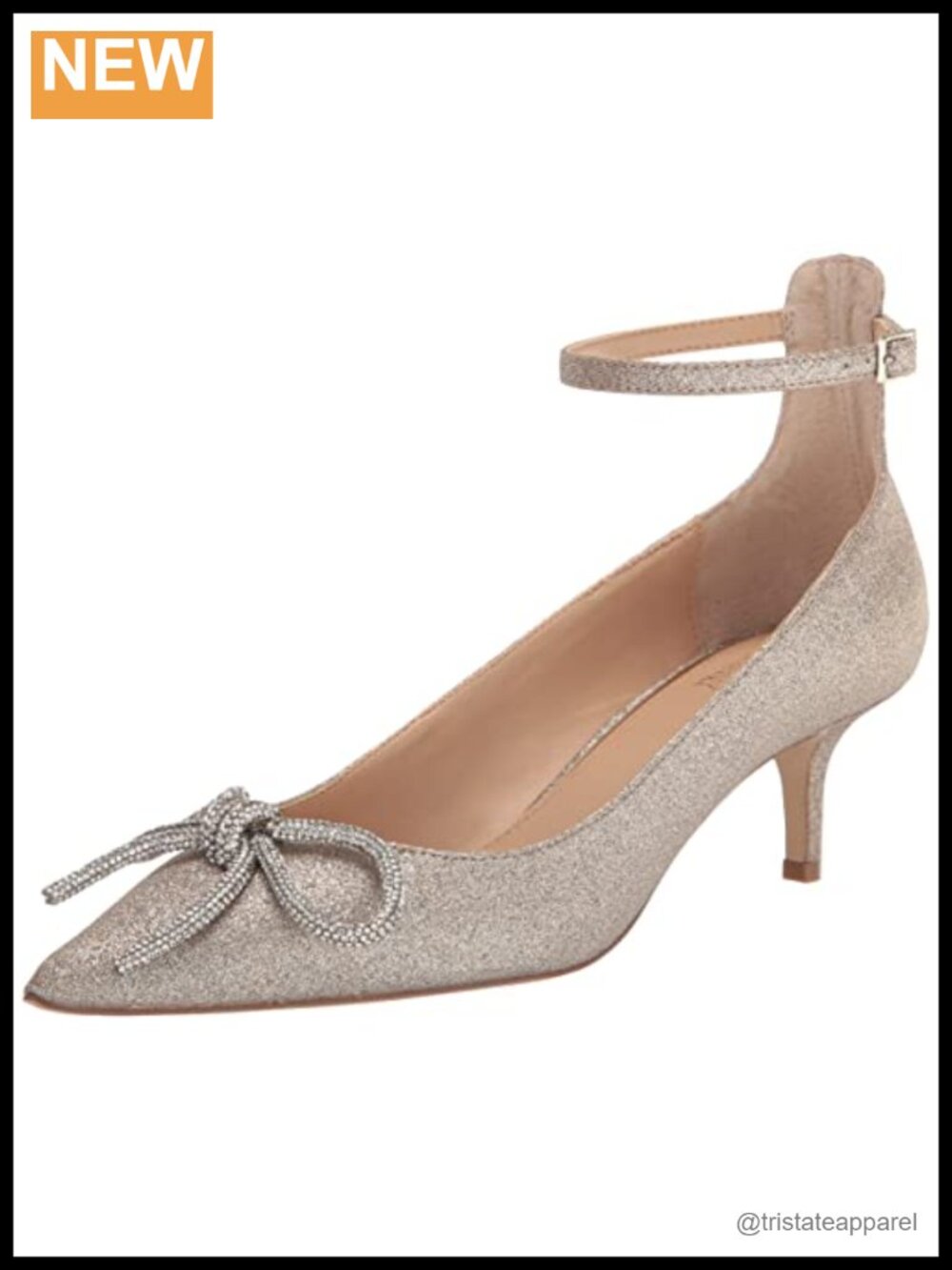 Geranium Kitten Heel Pump Pointed Toe Satin Glitter Ankle Strap